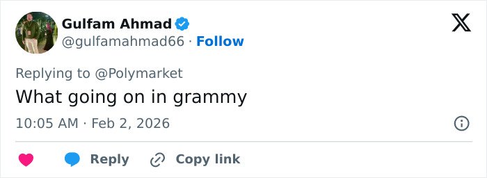 Tweet from Gulfam Ahmad questioning what is going on at the Grammys amid Trevor Noah’s bizarre statement and wild theories.