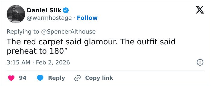 Tweet by Daniel Silk commenting on glamour and outfit heat setting, related to Heidi Klum Grammys dress controversy and backlash.