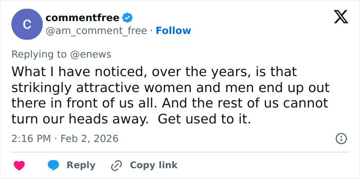 Tweet by commentfree discussing the public reaction to strikingly attractive people, related to Grammys dress backlash.
