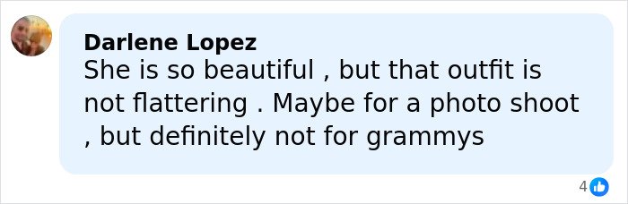 Comment by Darlene Lopez criticizing Heidi Klum's Grammys dress, calling it unflattering and unsuitable for the event.