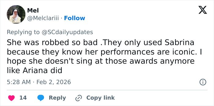 Tweet discussing Sabrina Carpenter's Grammy losses and fans' emotional reactions to the controversy and boycott calls.