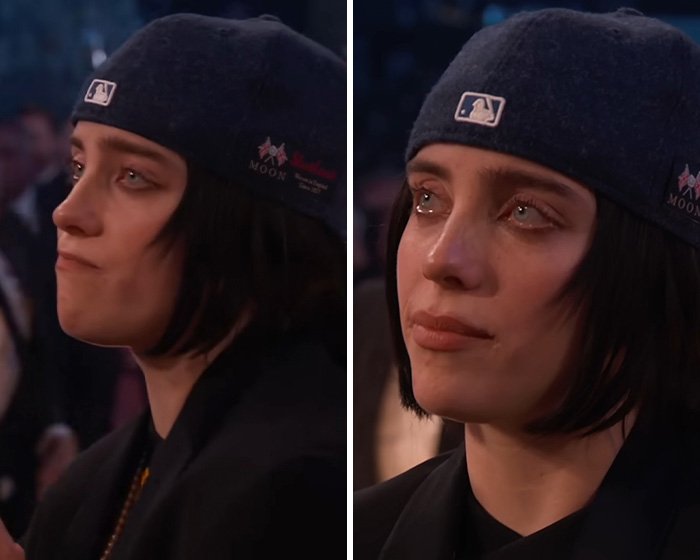 Sabrina Carpenter with a somber expression reacting emotionally to six Grammy losses at an award ceremony event.