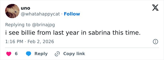 Screenshot of a social media reply showing a comment about Sabrina Carpenter and her reaction to six Grammy losses.