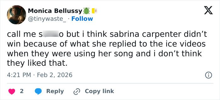 Screenshot of a tweet discussing Sabrina Carpenter&rsquo;s raw reaction to her six Grammy losses and fan opinions on the situation.