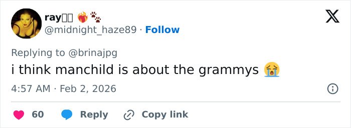 Screenshot of a Twitter reply expressing emotion about Sabrina Carpenter&rsquo;s raw reaction to six Grammy losses.