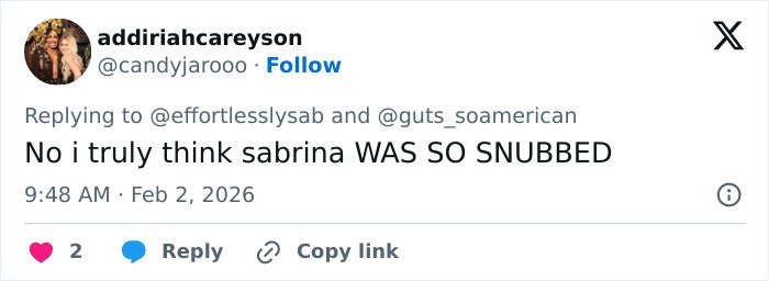 Tweet showing a fan expressing support for Sabrina Carpenter feeling snubbed after her six Grammy losses.