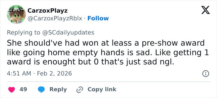 Tweet expressing sadness over Sabrina Carpenter&rsquo;s raw reaction to six Grammy losses and fans feeling emotional.