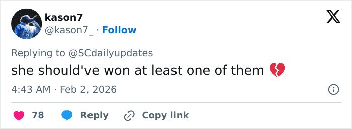 Tweet expressing heartbreak over Sabrina Carpenter&rsquo;s reaction to her six Grammy losses, sparking fan emotions.