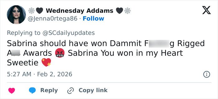 Tweet expressing frustration over Sabrina Carpenter&rsquo;s six Grammy losses, showing fan support and emotional reaction.