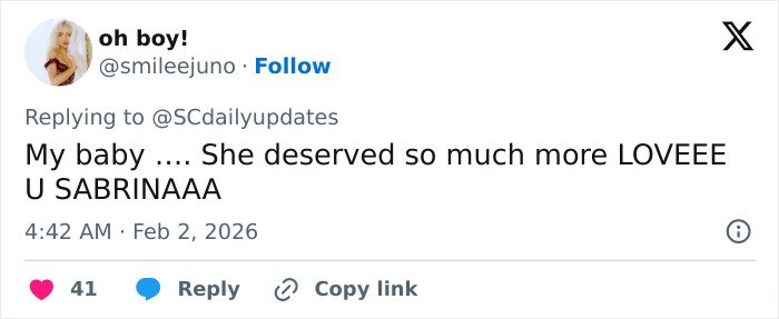 Fan tweet showing emotional support for Sabrina Carpenter after her reaction to six Grammy losses.