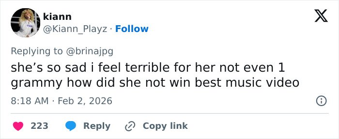 Tweet expressing sadness over Sabrina Carpenter&rsquo;s six Grammy losses and questioning why she didn&rsquo;t win best music video.