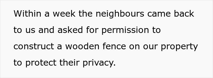 Text about neighbors requesting to construct a fence on property to protect privacy near a living hedge.