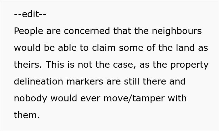 Text describing neighbors trying to force woman to trim living hedge dividing their properties with her intentional compliance.
