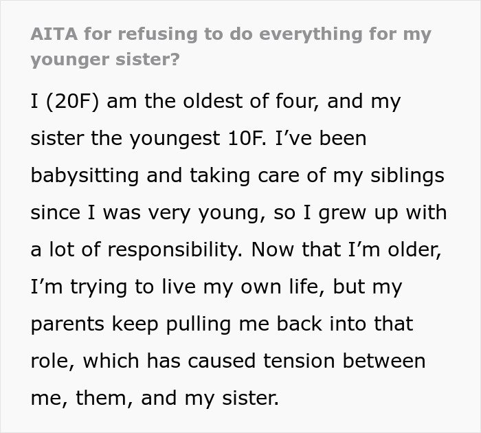 Young woman discusses sister family parenting drama and the challenges of balancing responsibility and personal freedom.