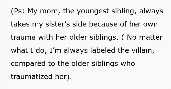 ALT text: Text describing sister family parenting drama involving favoritism and trauma with older siblings in family conflicts.