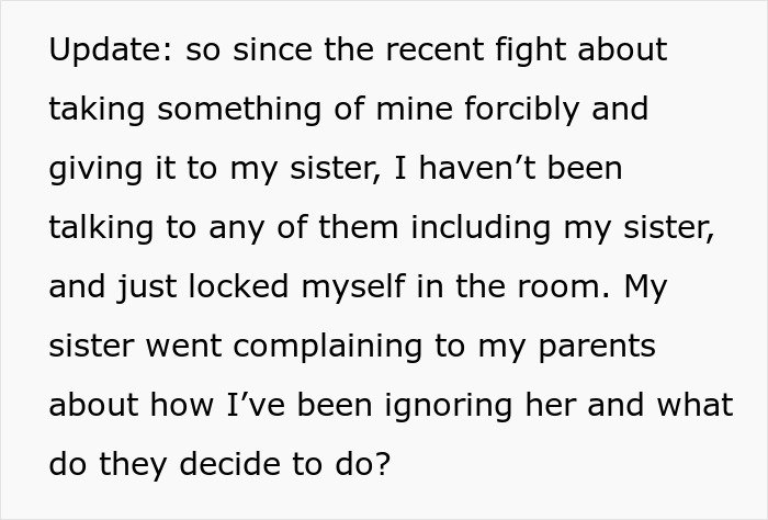 Text describing a family conflict with sister and parents, highlighting sister-family-parenting-drama in a tense situation.