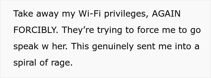 Text expressing frustration about forced communication causing a spiral of rage in sister family parenting drama.