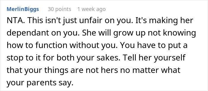 Comment from a user discussing sister-family-parenting-drama, emphasizing setting boundaries and independence.