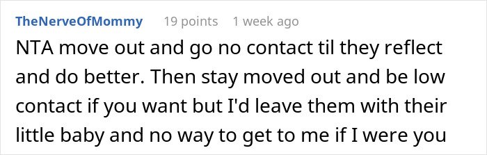 Comment in black text on a white background discussing sister family parenting drama and advice to go no contact.