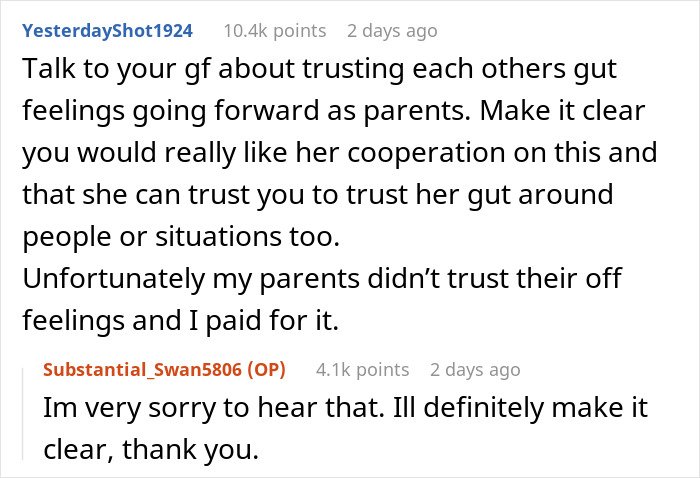 ALT text: Mom laughs off creepy comment about autism while dad expresses concern about trust and baby’s safety