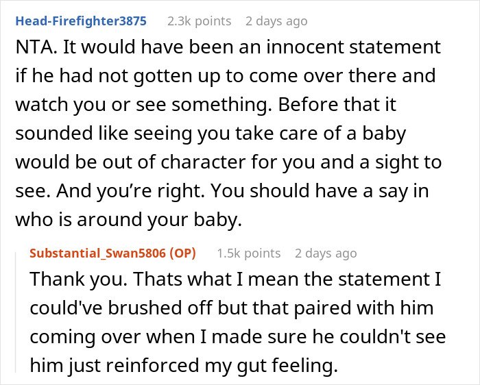 Reddit thread discussing a mom’s concerns about a creepy comment and protecting her baby from a friend.