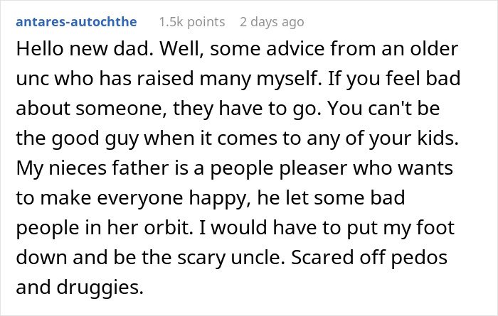 Reddit comment from a dad giving advice on protecting his baby from harmful people and handling creepy behavior.