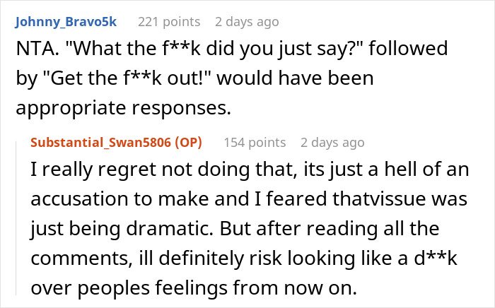 Screenshot of a Reddit conversation about a mom laughing off a creepy comment while dad reacts protectively near their baby.