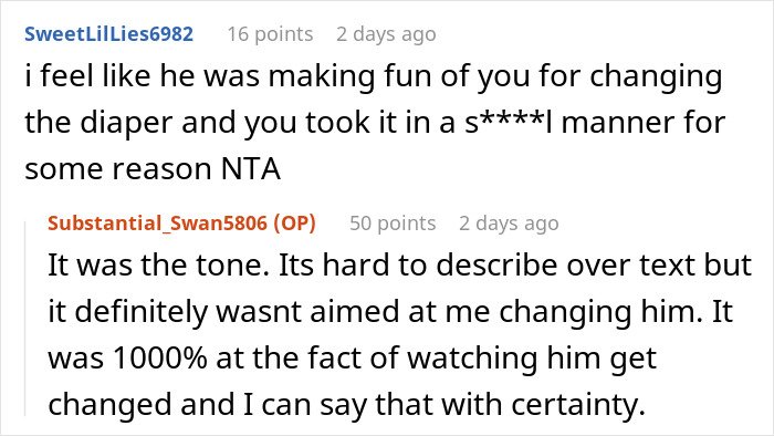 Reddit comments discussing a mom’s reaction to a creepy comment about her autistic baby and the dad’s protective stance.