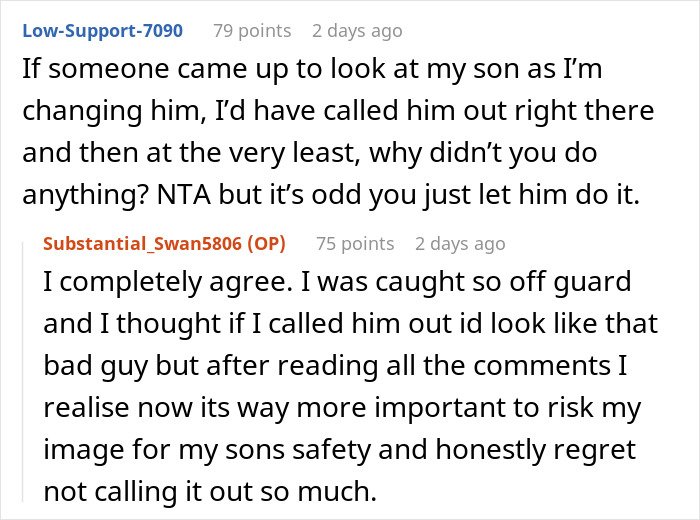 Reddit discussion about a mom laughing off creepy comment while dad prioritizes baby’s safety near others.