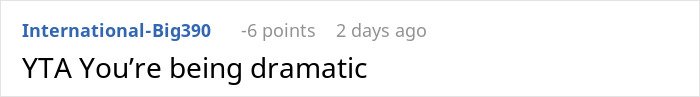 Screenshot of a Reddit comment saying YTA You’re being dramatic in a light-themed online discussion thread.