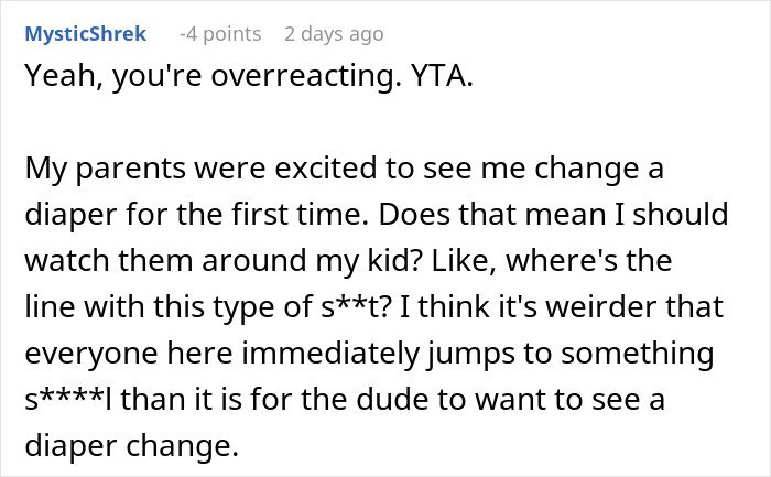 Reddit comment debating boundaries after a dad objects to friend near his baby, mentioning autism and diaper changing concerns.
