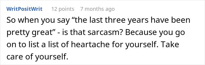 Comment discussing a woman’s struggles with a husband who keeps leaving and coming back, receiving a reality check.
