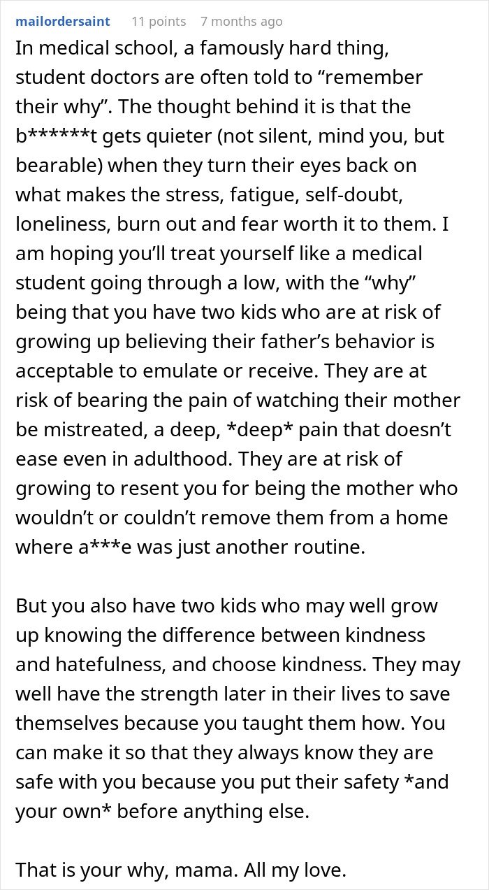 Text from a woman sharing struggles with a husband who keeps leaving and coming back, receiving a reality check about family impact.