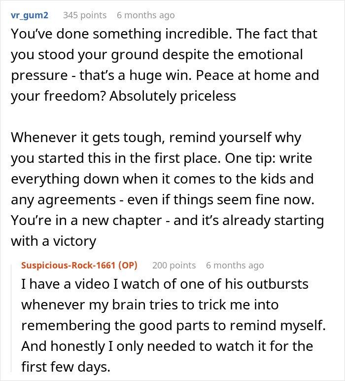 Alt text: Screenshot of a supportive online conversation about a woman’s struggles with a husband who keeps leaving and coming back.