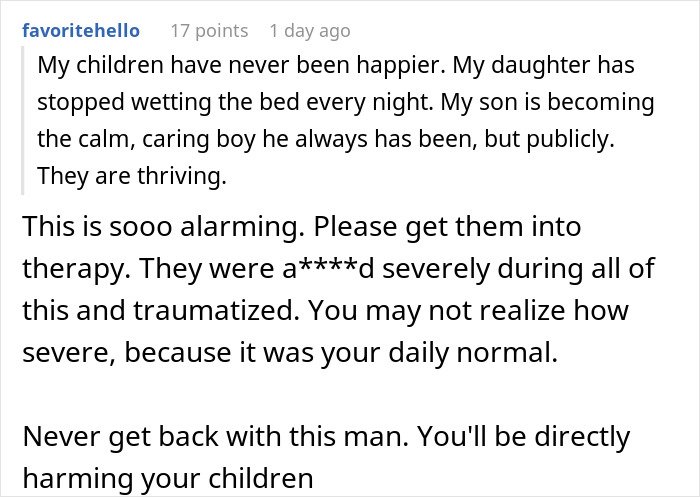 Screenshot of a Reddit comment warning about the impact on children when a husband keeps leaving and coming back.