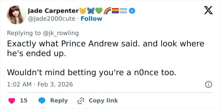 Tweet from Jade Carpenter replying to J.K. Rowling, referencing Prince Andrew and Jeffrey Epstein accusations in a social media discussion.
