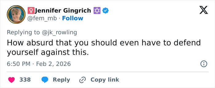 Twitter reply from Jennifer Gingrich commenting on J.K. Rowling breaking her silence on Jeffrey Epstein accusations.
