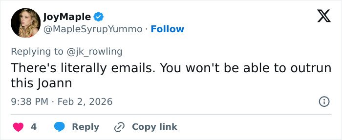 Screenshot of a tweet responding to J.K. Rowling amid Jeffrey Epstein accusations controversy.
