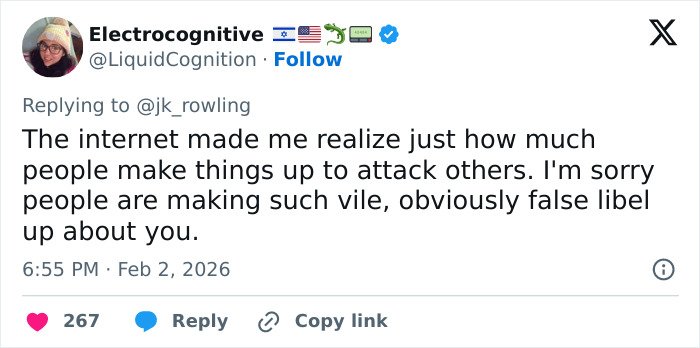 Tweet screenshot showing a user defending J.K. Rowling against false Jeffrey Epstein accusations on social media.