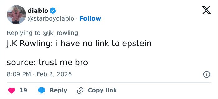 Screenshot of a social media post showing J.K. Rowling addressing Jeffrey Epstein accusations with a denial statement.
