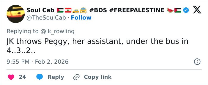 Screenshot of a tweet replying to J.K. Rowling, referencing the Jeffrey Epstein accusations in an online social media conversation.