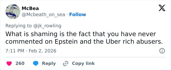 Screenshot of a social media reply about J.K. Rowling addressing Jeffrey Epstein accusations and related controversies.