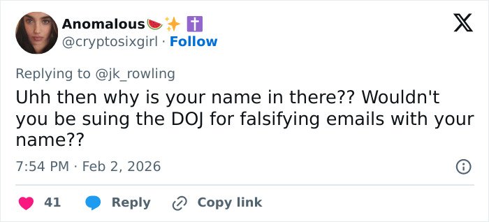 Screenshot of a social media reply questioning J.K. Rowling amid Jeffrey Epstein accusations discussion.