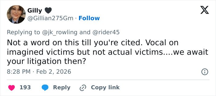 Screenshot of a tweet questioning J.K. Rowling’s response to Jeffrey Epstein accusations mentioning imagined victims and litigation.