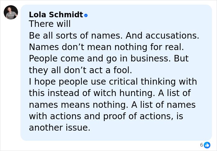 Lola Schmidt commenting on accusations and critical thinking related to Jon Stewart in the Epstein files controversy.