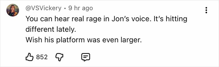 Social media comment highlighting Jon Stewart’s rare public reaction amid Epstein files controversy.