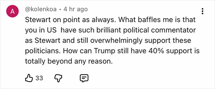 User comment discussing Jon Stewart’s political commentary and support amid Epstein files controversy.