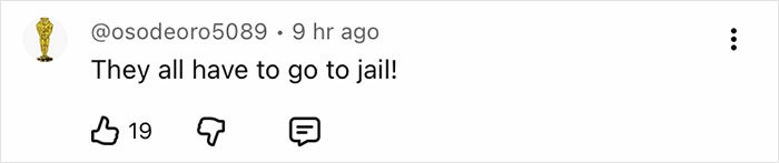 Comment on social media by user @osodeoro5089 saying They all have to go to jail with 19 likes and icons for dislike and reply.