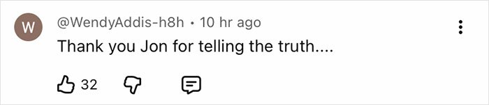 Social media comment thanking Jon Stewart for addressing his name appearing in the Epstein files discussion.