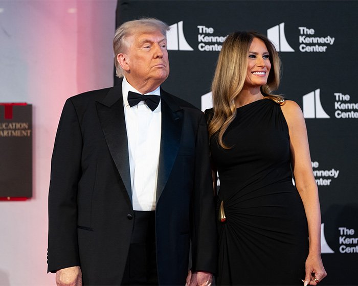 Melania and Donald Trump at a formal event, highlighting Melania's comments on their age gap when dating.